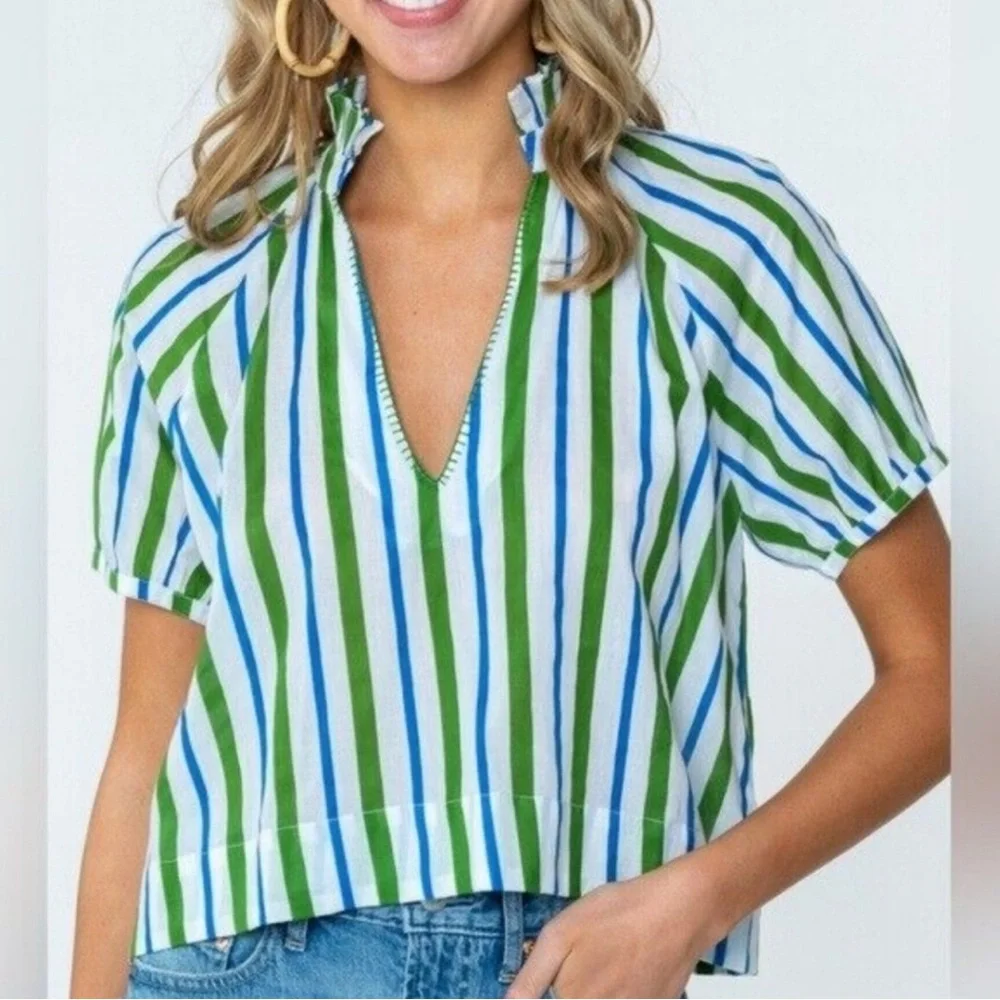 Olivia James The Label Cotton Poplin VNeck Striped Top Women's Small